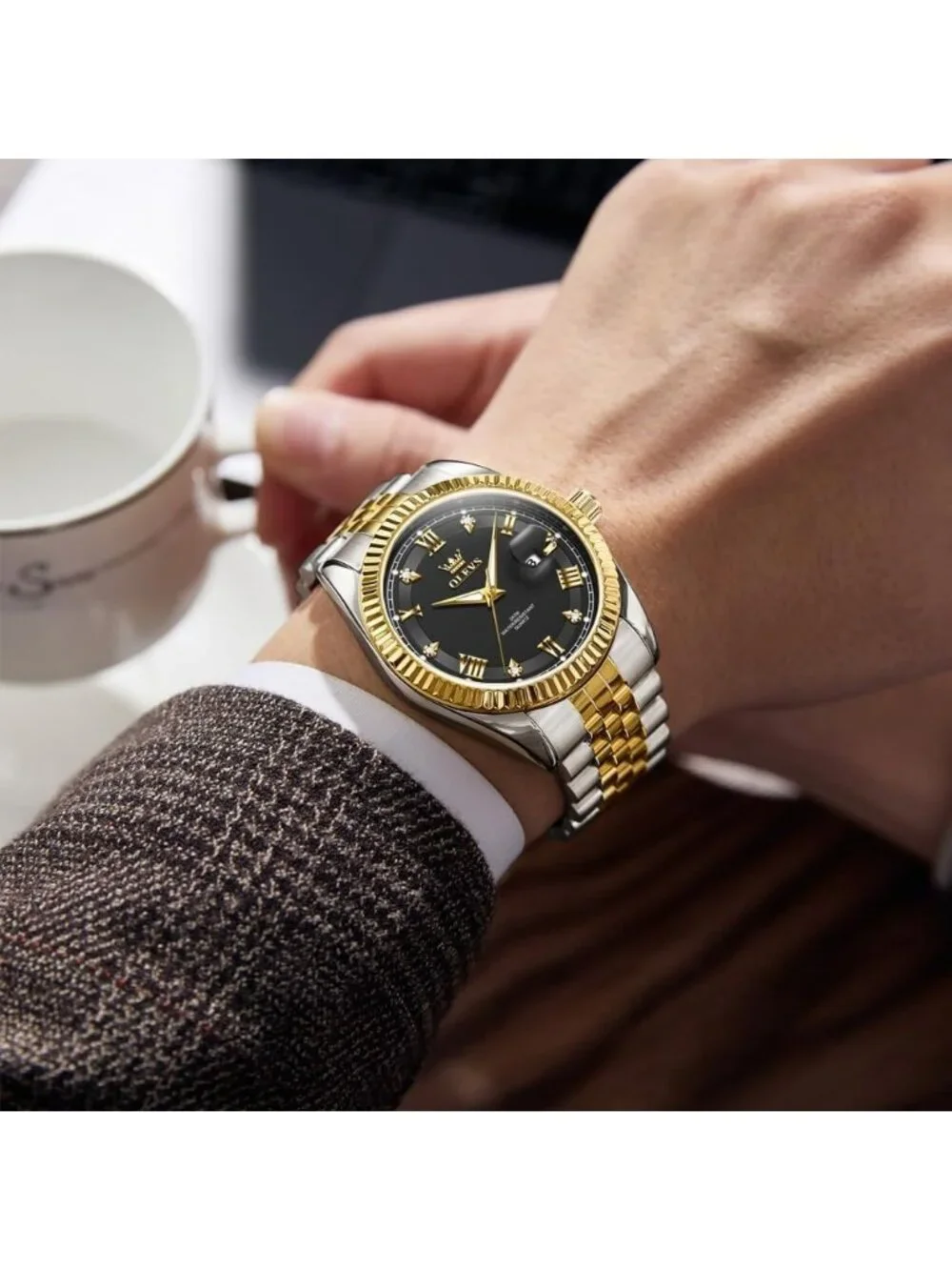 Men's Gold Black Diamond Classic Analog Stainless Steel Waterproof Wrist Watch